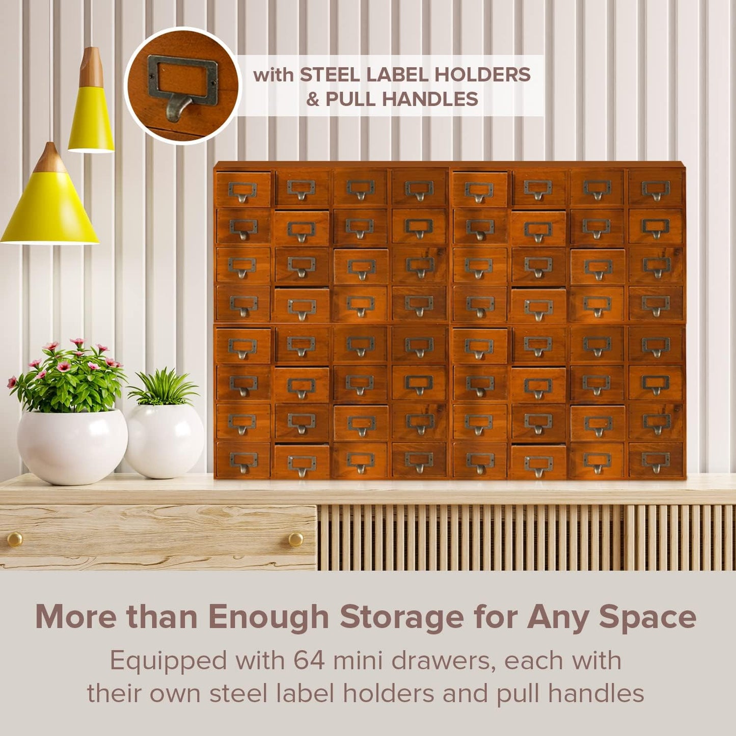Huge 64-Drawer Wooden Storage Box Traditional Apothecary Curio Cabinet in Vintage Wood - Card Catalog Library Desk Drawer w/Label Holders Handles - Multi Level Countertop Arts and Craft Organizer