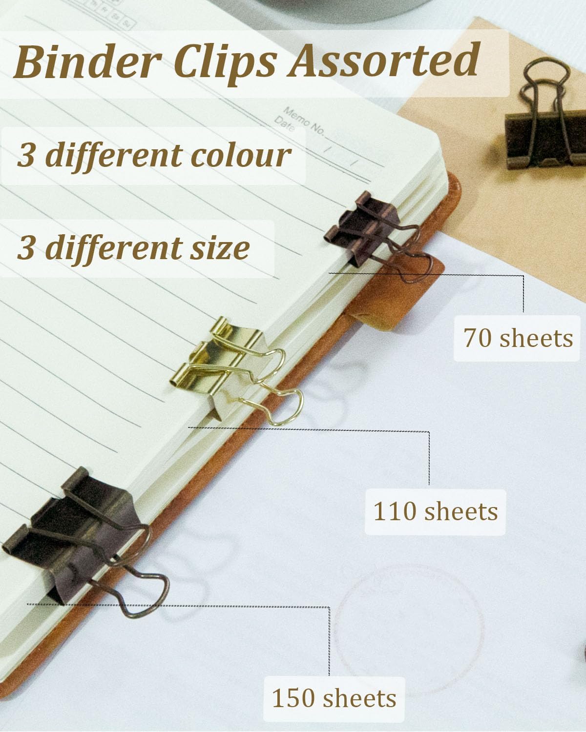 Assorted Binder Clips 0.75/1/1.25in 25-Pack - Copper Tone Clips for Office & Home