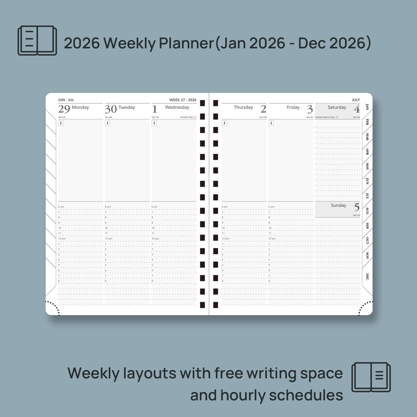 POPRUN 2026 Planner (Medium Size 8.5'' x 6.25'' Wire-Bound Hard Cover) Daily Weekly and Monthly Calendar - Agenda 2026 (Jan.2026-Dec.2026) with Hourly Schedule, Monthly Tabs - Haze Blue