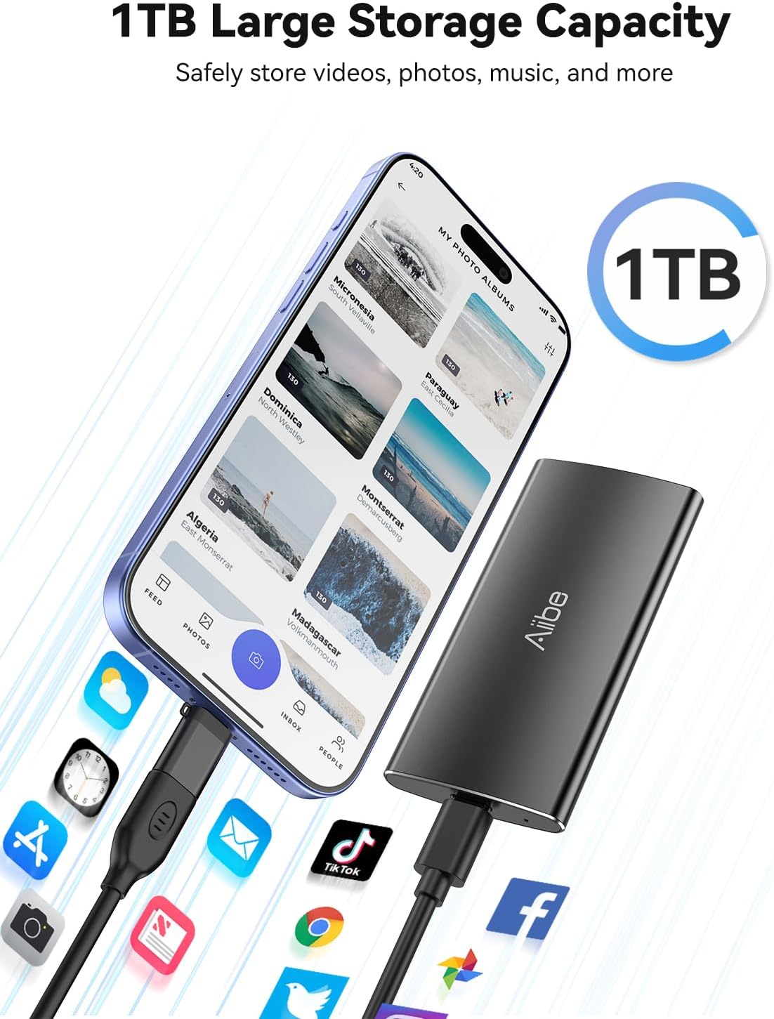 Aiibe 1TB External SSD USB C Portable SSD USB 3.2 Gen 2, Up to 1050MB/s, External Solid State Drive 1TB External Hard Drive for iPhone 16/15, Laptop, Mac and PS5 (Black)