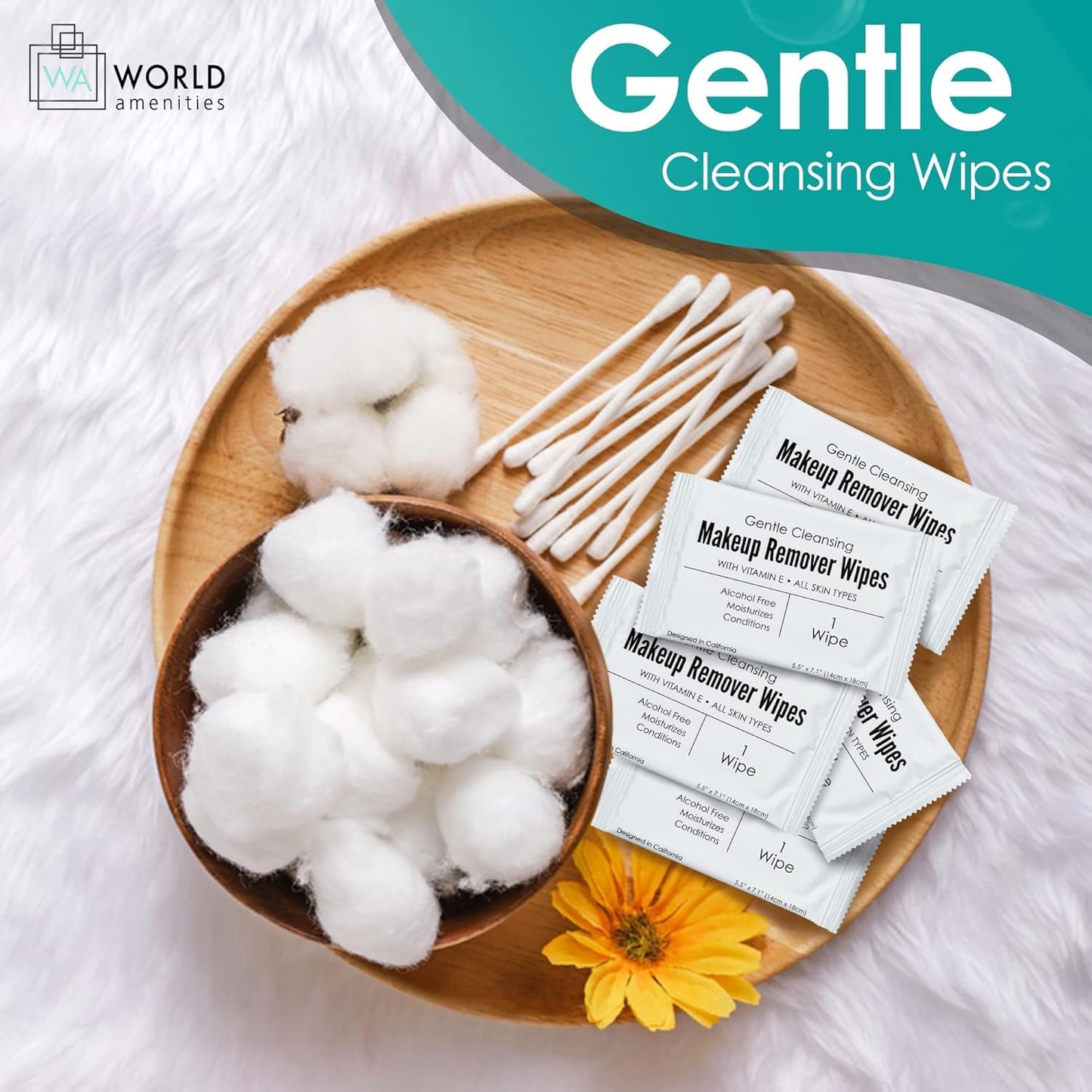 Bulk Makeup Remover Wipes | 50 Count | Individually Wrapped, Gentle Cleansing, Alcohol Free - All Skin Types - Vitamin E - 100% Recyclable, Hotel Travel Size Toiletries