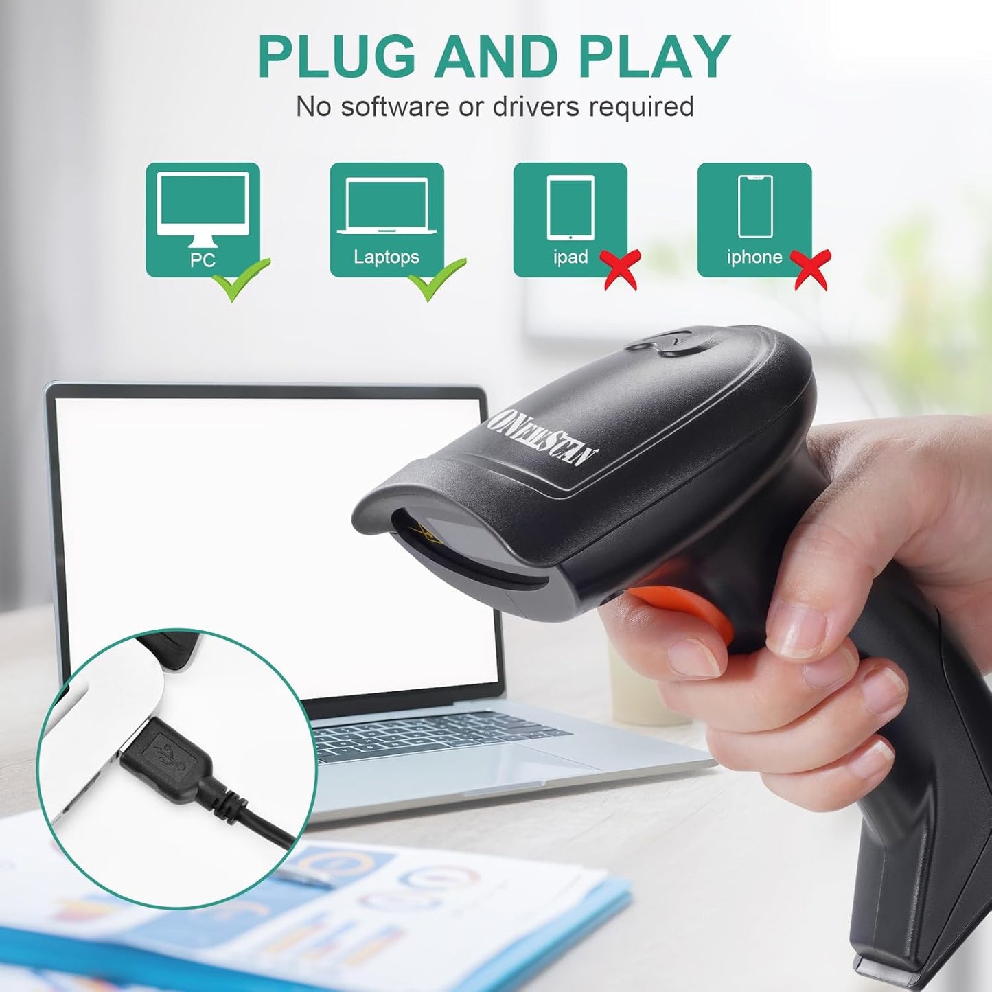 USB 1D Barcode Scanner, Handheld Wired Laser Barcode Reader with Stand Plug and Play Bar Code Scanners for Warehouse, Library, Supermarket