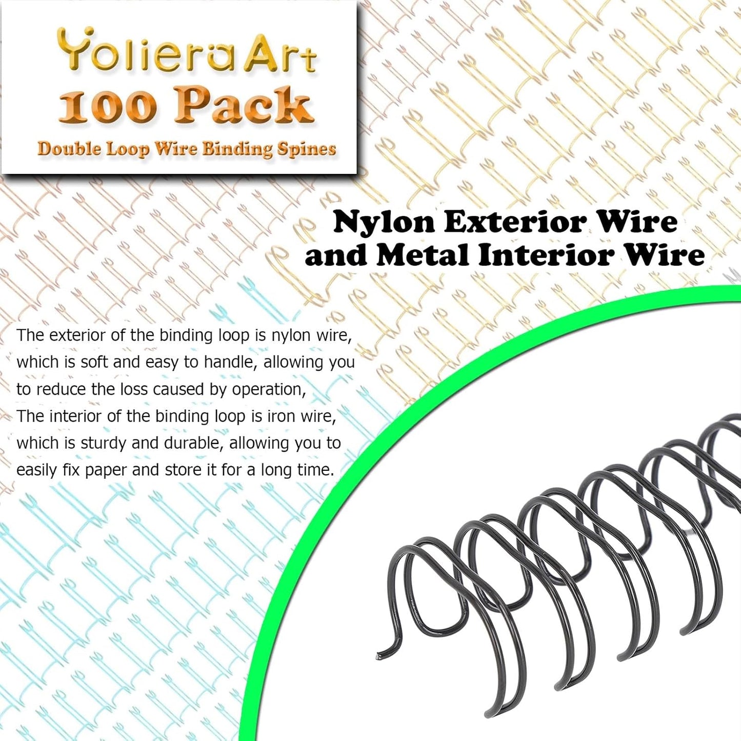 3:1 Pitch Double Loop Binding Wires, YolieraArt 100 Pack Spiral Spine Bindings, 9/16 Inch Wire Twin Binding for Book Binder Machine,Students and Coworkers (120 Sheet Capacity, 100P, Black)