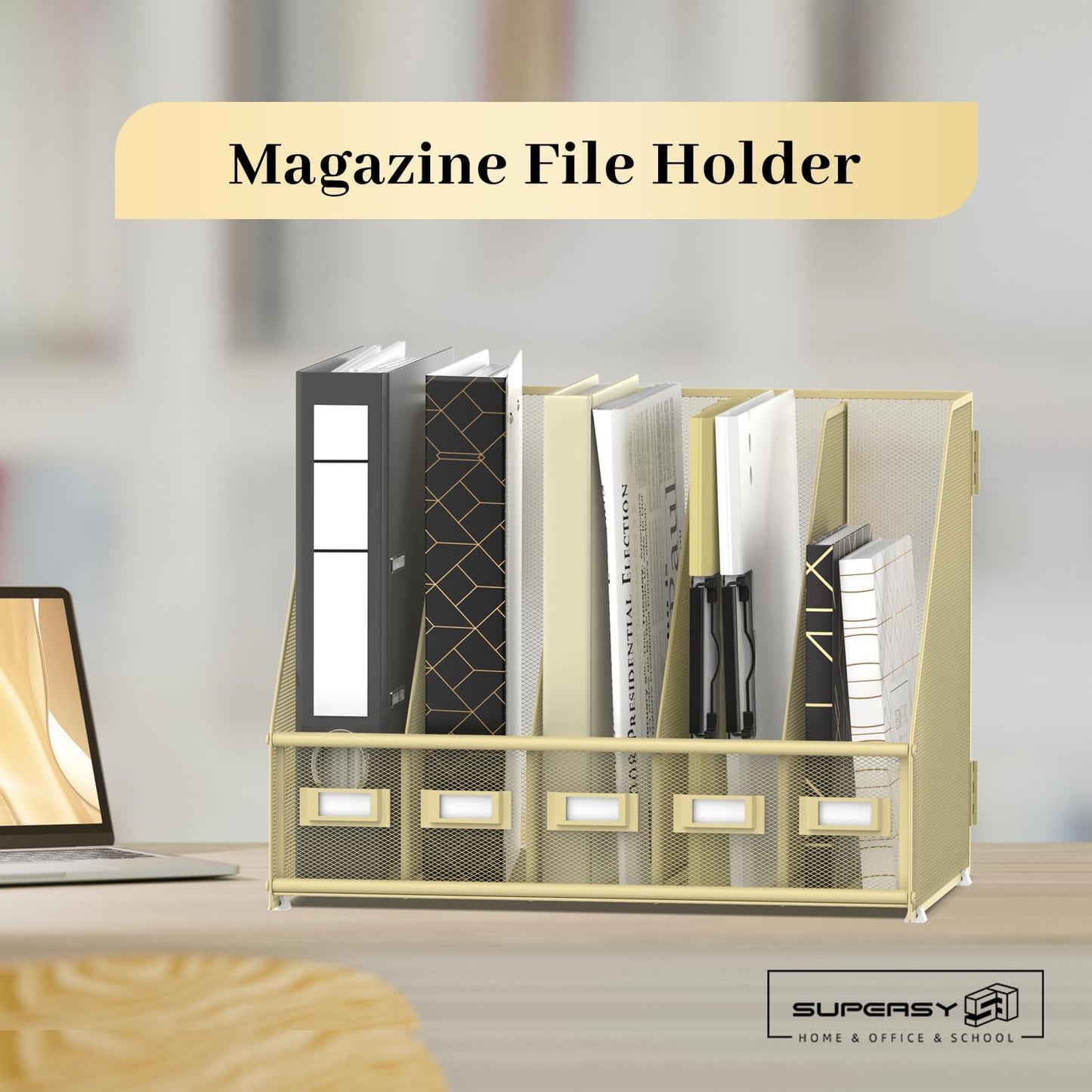 SUPEASY Desk Organizers Metal Desk Magazine File Holder with 5 Vertical Compartments Rack File Organizer for Office Desktop, Home Workspace, Golden Yellow, Plus