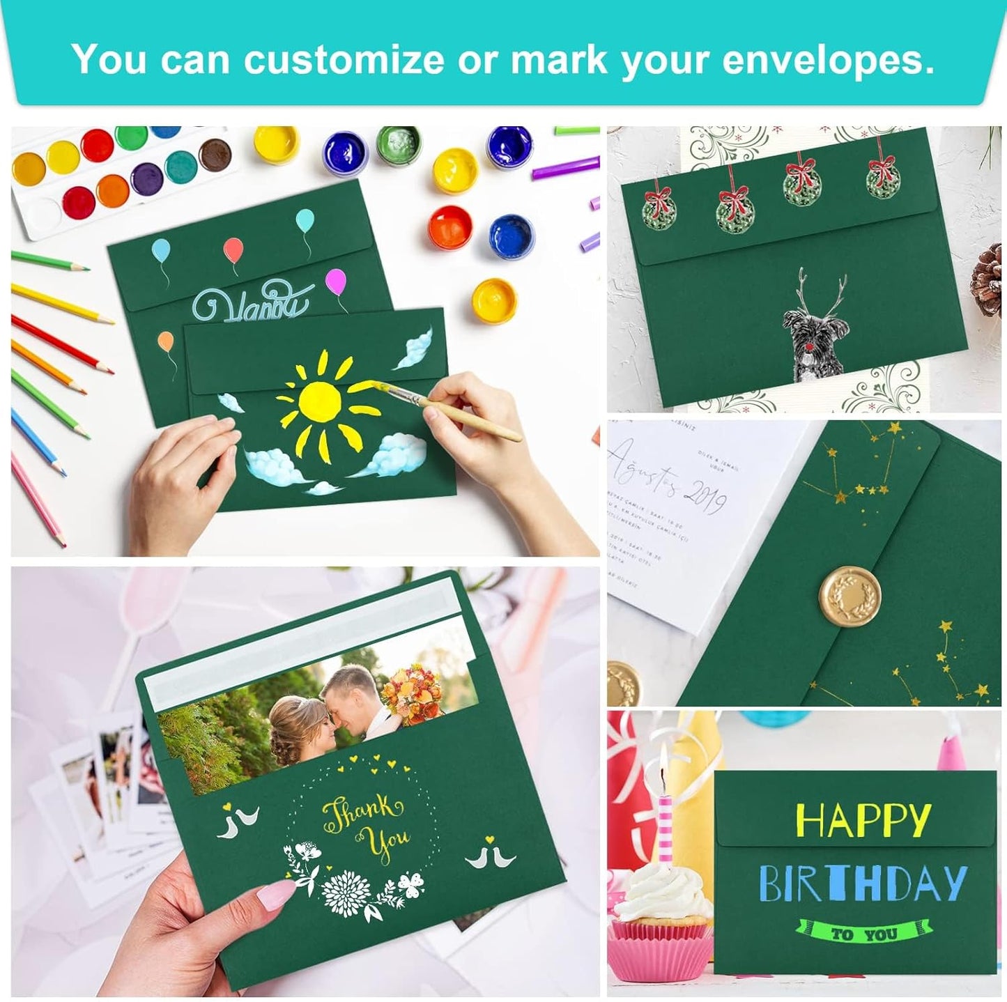 70 Pack A2 Dark Green Envelopes - Self Seal for Photos, Invitations, Greeting Cards & 4.5x5.5 Cards