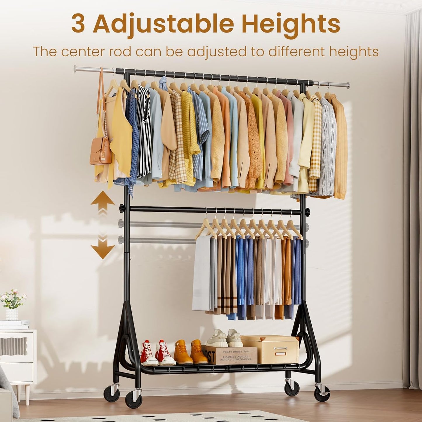 Double Rods Clothing Rack, Heavy Duty Clothes Rack for Hanging Clothes Load 560LBS, Metal Rolling Garment Racks with Wheels, Freestanding Clothes Hanging Racks, Black