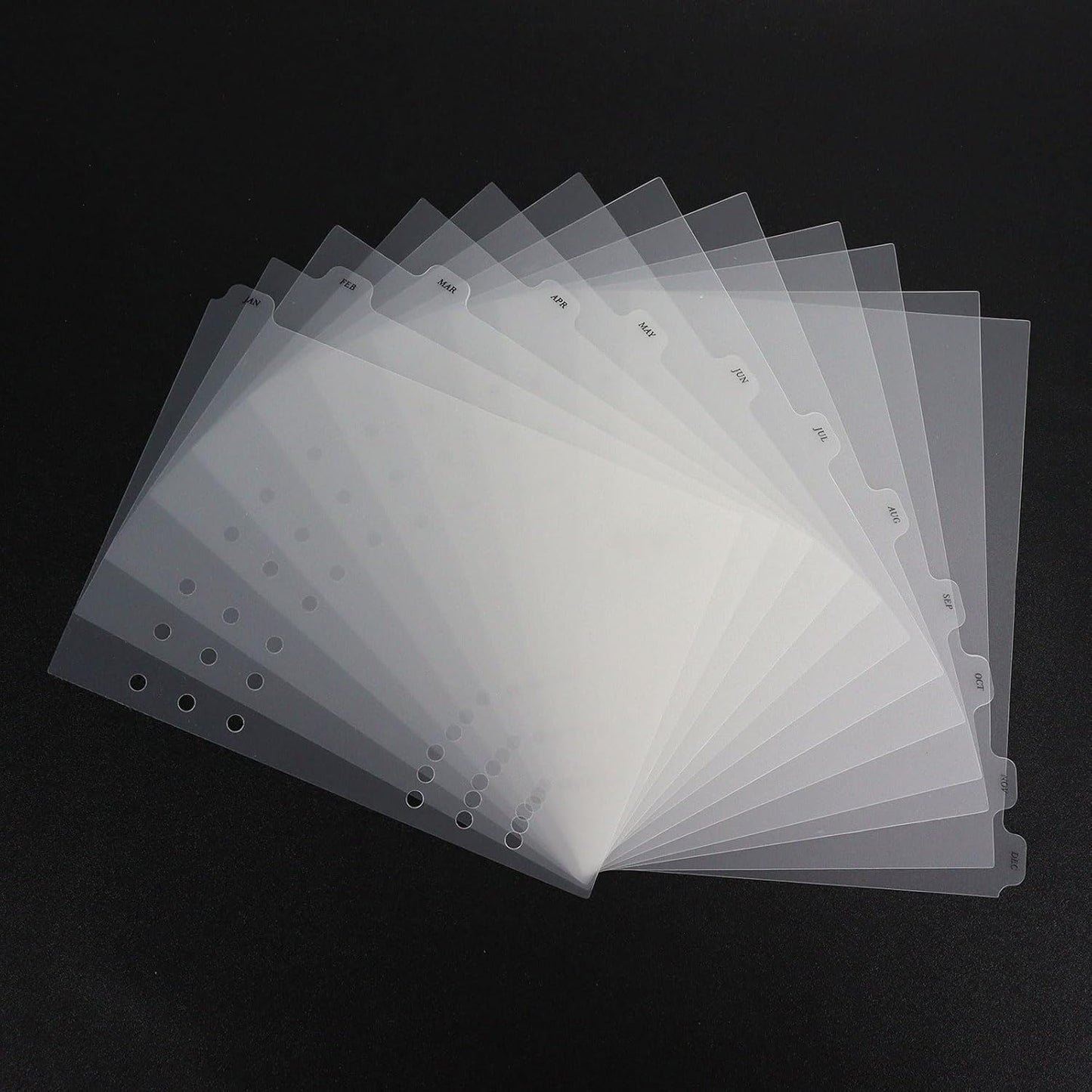 A5 Plastic Binder Dividers with Monthly Tabs 6 Holes Durable Card Dividers for Journals, Binders, Notebooks, Planners, 5.7x8.3 inch(Clear Frosted)