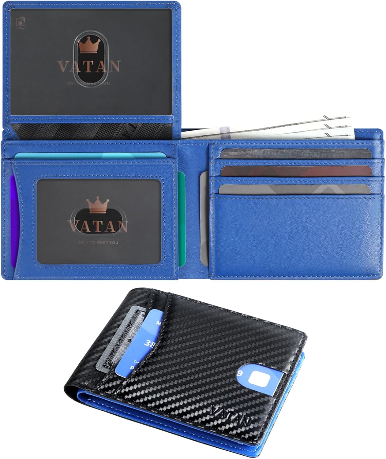 VATAN Wallet for Men, Mens Minimalist Wallet Credit Card Holder, Slim Leather Rfid 2 ID Window Large Capacity With Gift Box (Carbon Black and Blue)