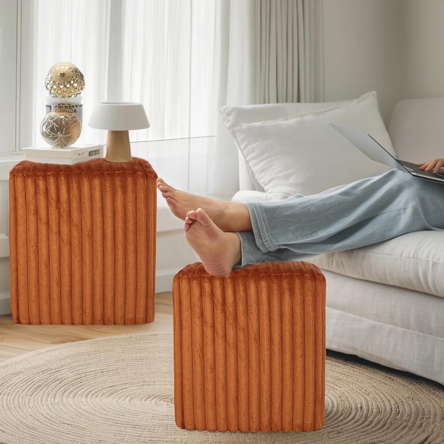 Modern Square Ottoman, Vertical Channel Tufted Foot Stool Ottoman, Velvet Upholstered Vanity Stool for Makeup, Bedroom, Living Room, Dark Orange