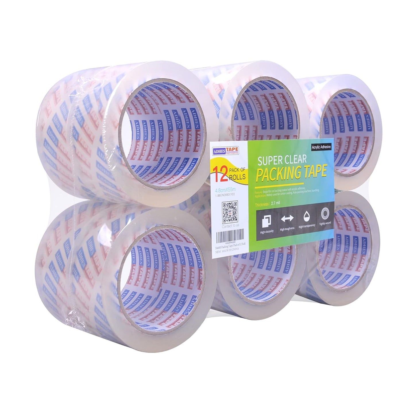 ADHES Shipping Tape Packaging Tape Packing Tape for Moving Boxes Heavy Duty Clear, 55M Per Roll 1.88 Inch Width,2.7Mil