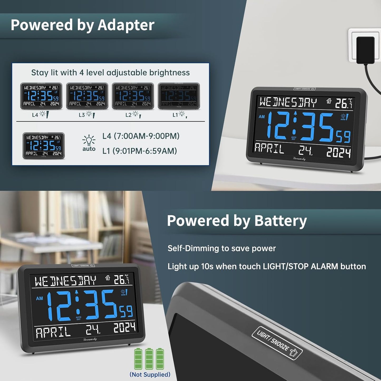 DreamSky Large Digital Clock with Date and Day of Week - Electric Desk Clock for Seniors Elderly, Bedroom Alarm Clock with Battery Backup, Dimmer, USB Port, Auto DST, Temperature, Adjustable Volume