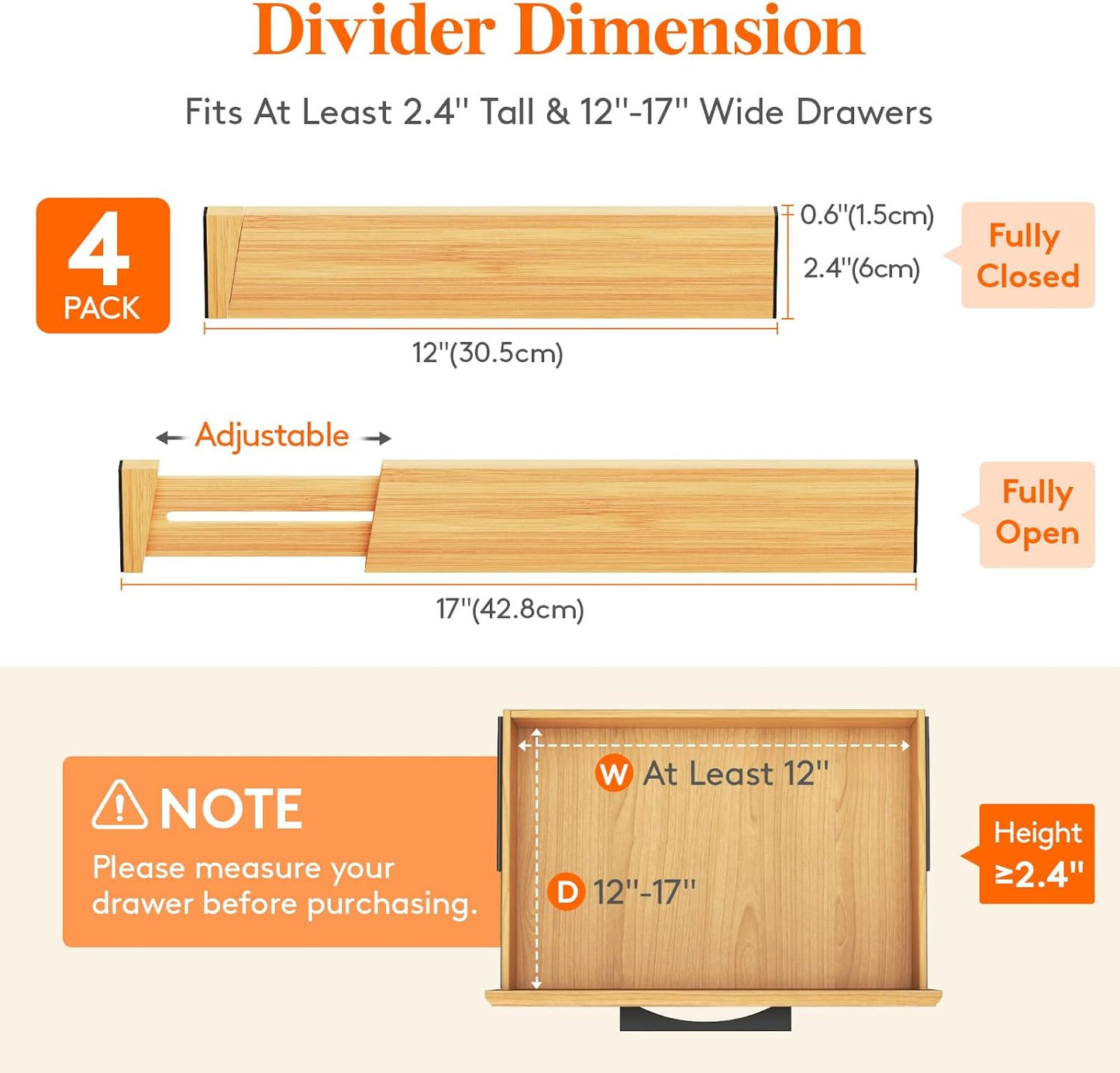 Lifewit 4 Pack Drawer Dividers Bamboo 2.4" High, 12-17" Adjustable Drawer Organizers for Clothes, Wooden Dresser Separators in Bedroom/Bathroom/Kitchen/Fridge/Office Organization and Storage