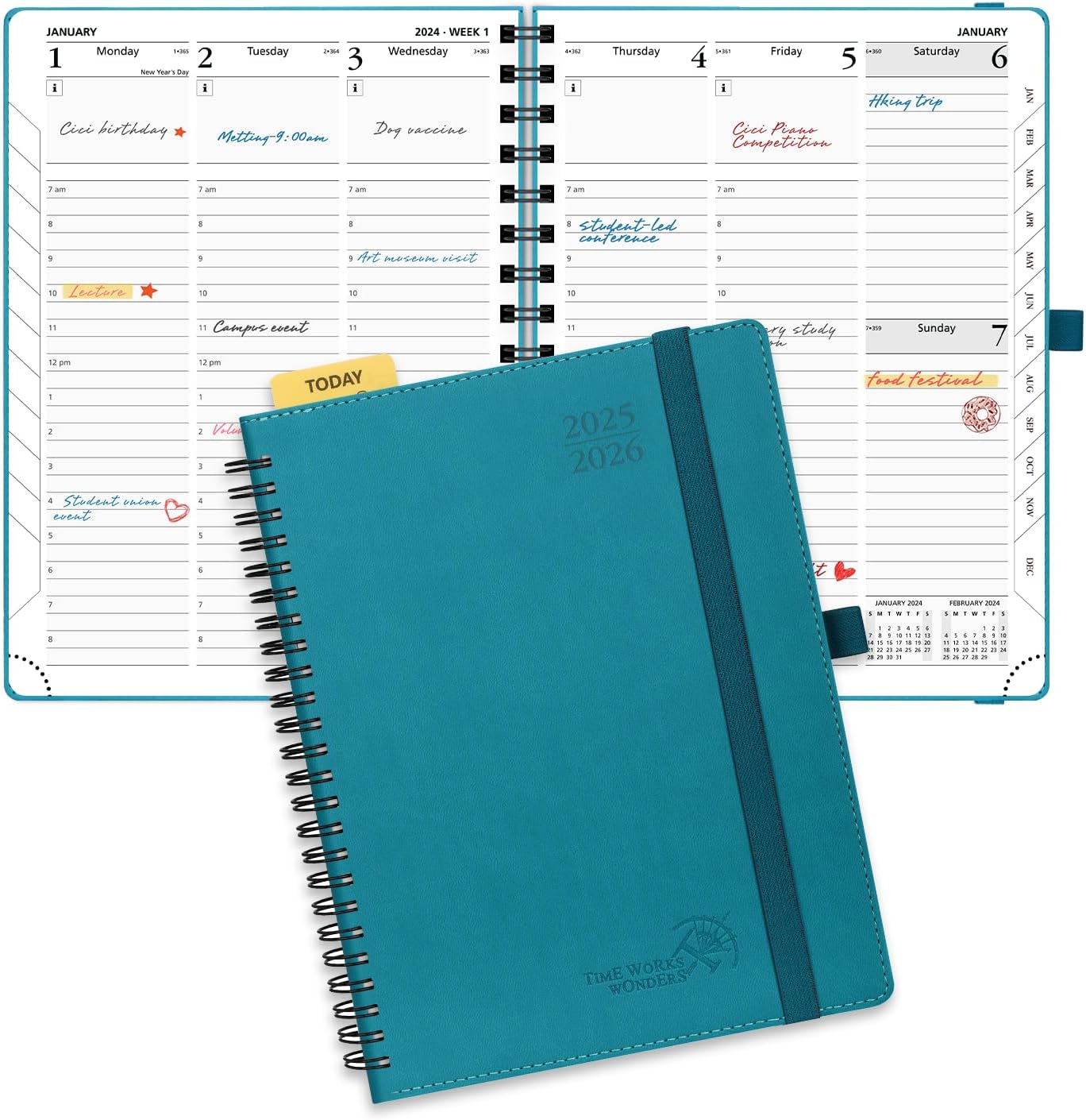 POPRUN Planner 2025-2026 (Medium - 6.5'' x 8.5'') Academic Weekly Calendar (July 2025 - June 2026) with Hourly Time Slots, Monthly Tabs, 100GSM Thick Papers, Spiral Leather Cover - Pacific Green