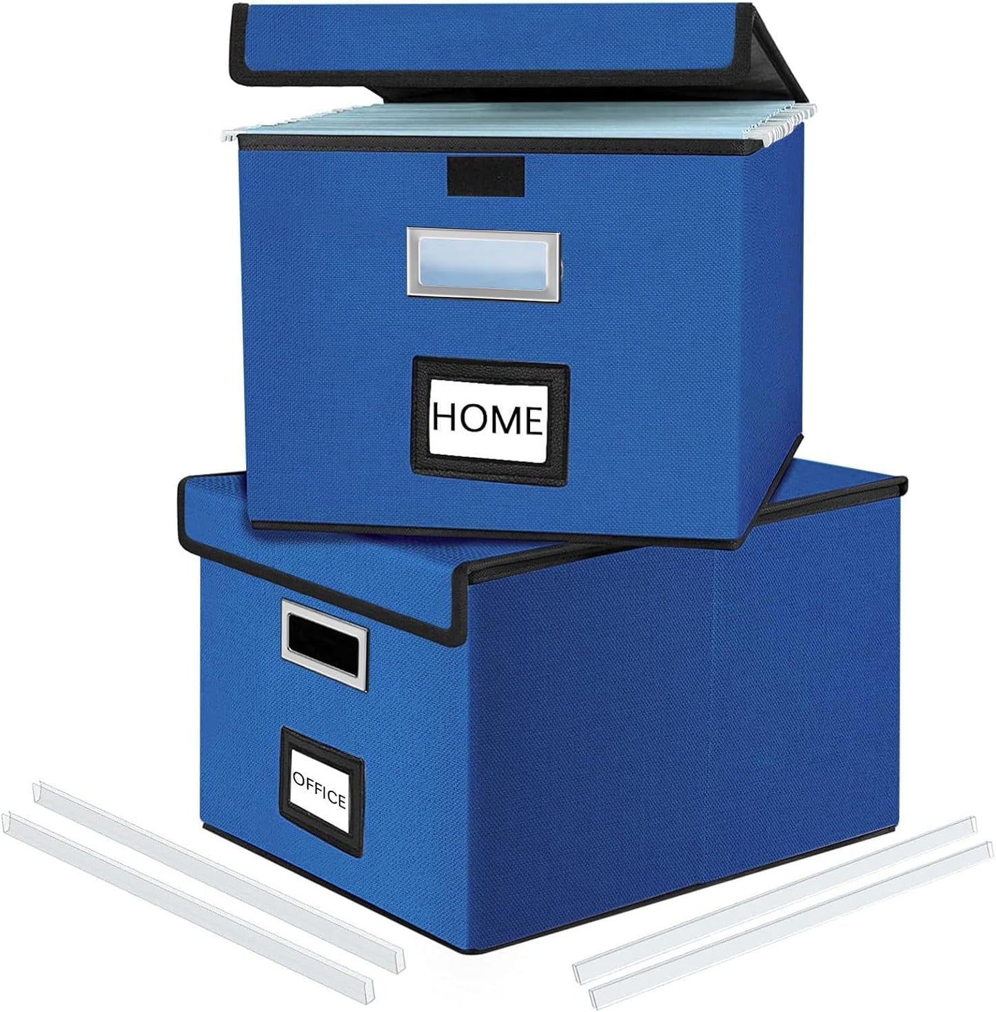 Huolewa Decorative File Organizer Boxes Office Document Storage with Lids, Portable Collapsible Linen Hanging Filing & Storage Boxes for Office/Decor/Home (Royal Blue) -14.9 x 12.7 x 10.8 inch -2 Pack
