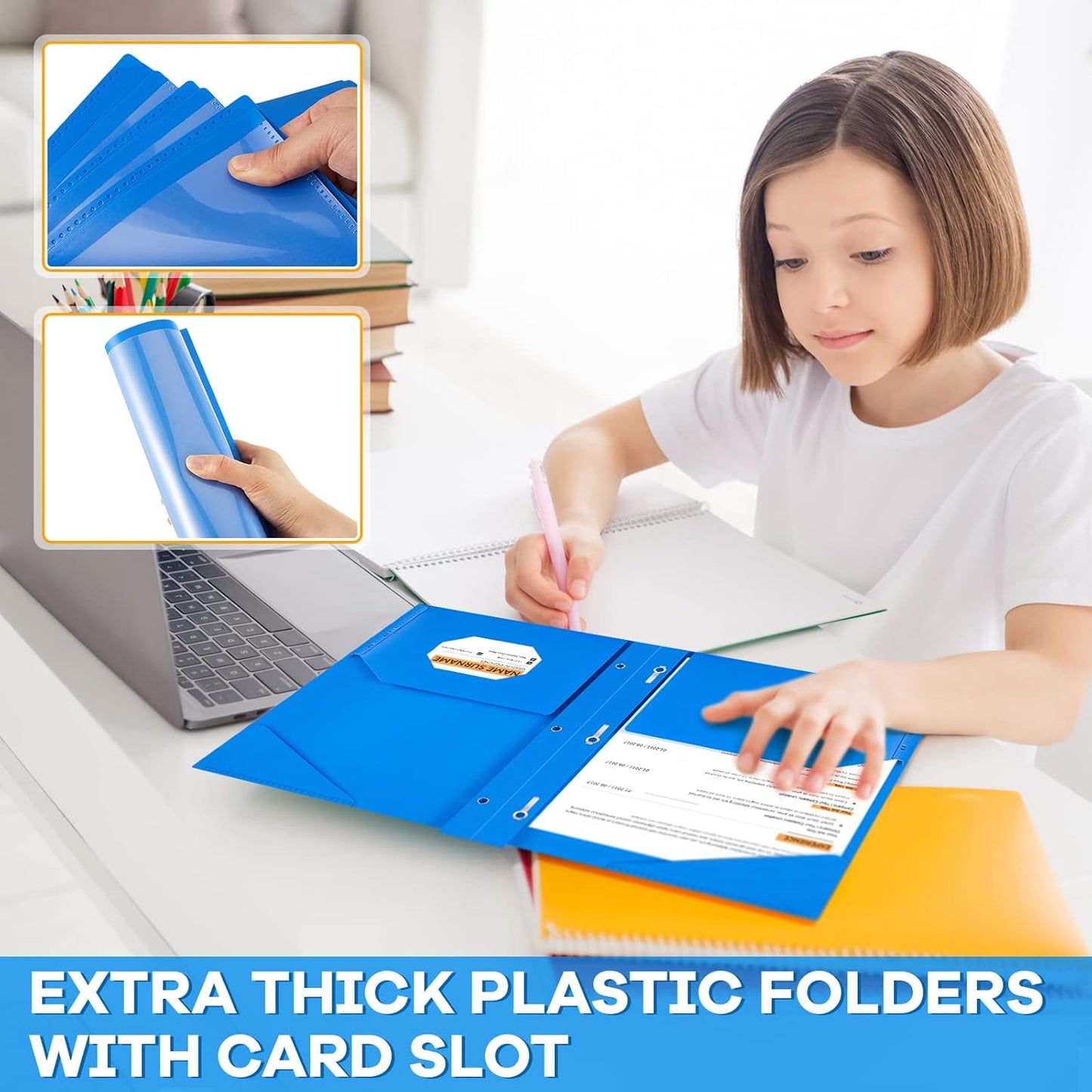 Henoyso 18 Pcs Plastic Folder with Clear Front Pocket and 3 Prong Plastic Folders with Card Slot Pocket Folders with Prongs for School Office (Blue)