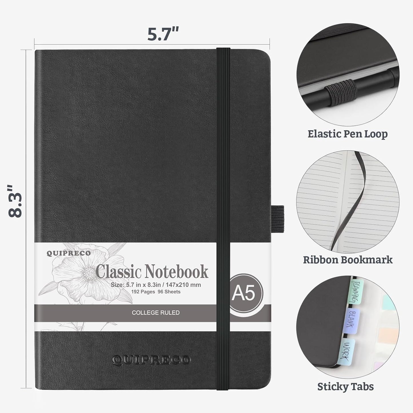 Lined Hardcover Journal Notebook, A5 192 Pages 100Gsm Thick Paper College Ruled for School,Note Taking,Work,Diary，5.7''*8.3'',Black