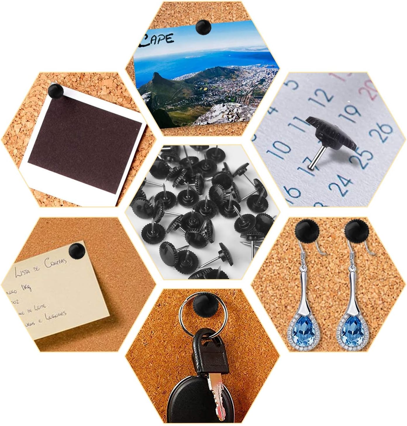 Lunies 100 PCS Black Plastic Push Pins, Thumb Tacks for Wall, Wall Pins for Hanging, Standard Plastic Head and Steel Point Push Pins for Cork Board