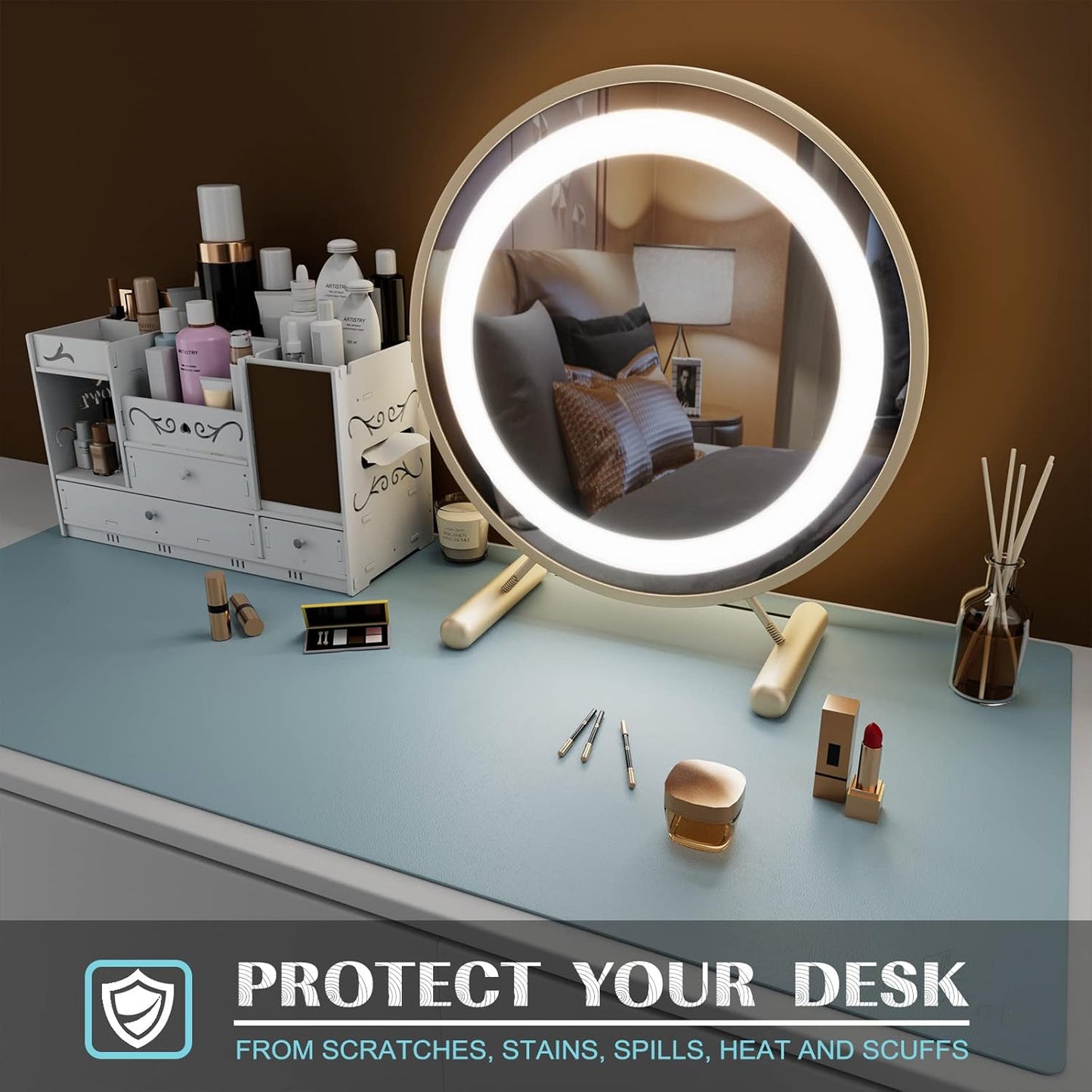 K KNODEL Large Office Leather Desk Mat, Mouse and Keyboard Pad, Computer and Laptop Mat, Desktop Protector and Cover, Writing Pad and Blotter (35.4"x17", Light Blue)