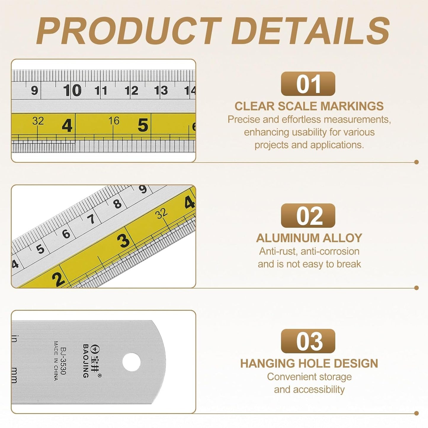 HARFINGTON 2pcs Metal Straight Ruler 20cm Metric SAE Aluminum Alloy Measuring Rulers Scale Tool with Hole for Measure Study Reading Classroom Office, Yellow