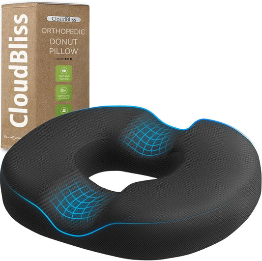CloudBliss Donut Pillow Seat Cushion for Tailbone Pain Relief and Hemorrhoids, Memory Foam Seat Chair Cushion for Postpartum Pregnancy, Seat Cushions for Men and Women for Home & Office, (Grey-XL)