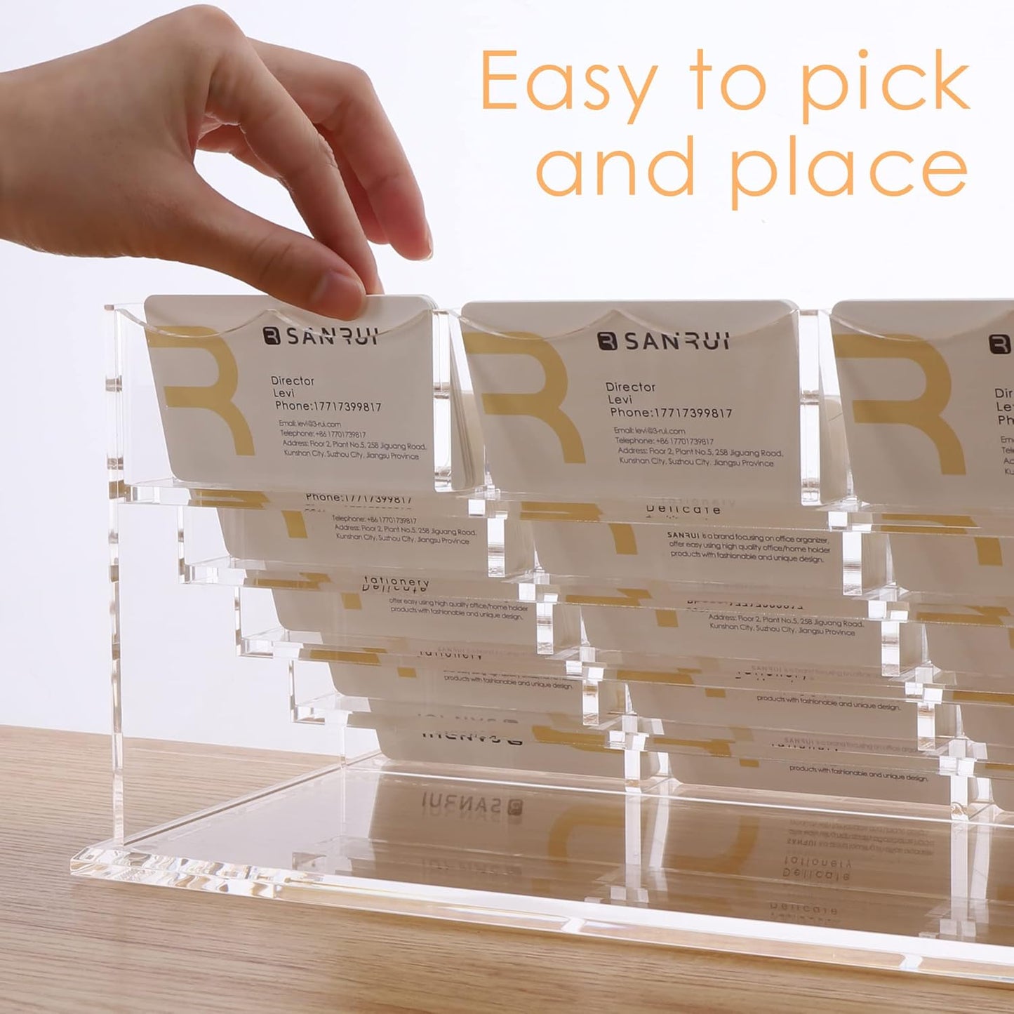 SANRUI Acrylic Multiple Business Card Holder Display for Desk , 15 Slots Business Card Stand , Clear Horizontal 5 Tier Business Card Holders, Holds 750-900 Cards