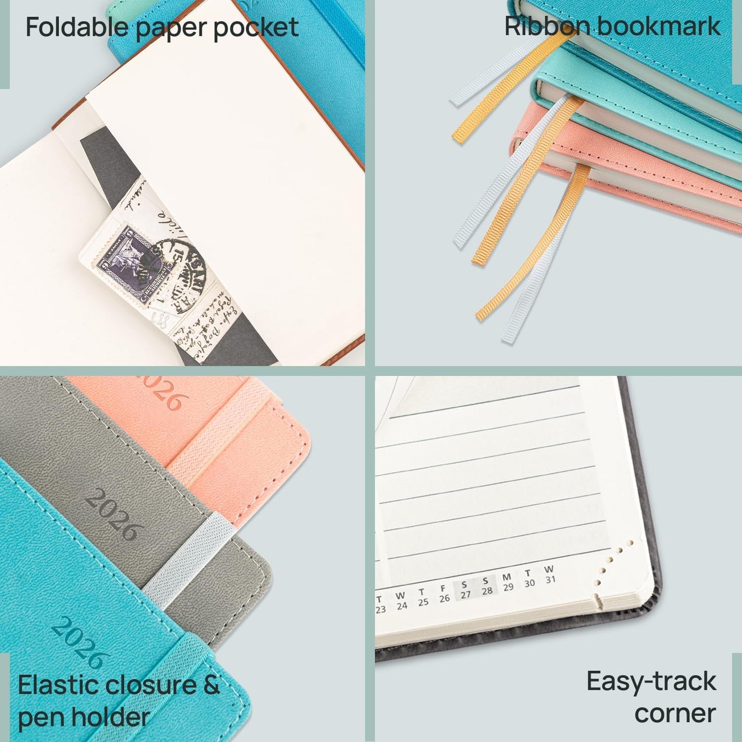 POPRUN Daily Planner 2026 (Jan - Dec), (Purse Size-4.25" x 6.25") 2026 Daily Calendar with One Page Per Day Even Weekends, Hourly Appointment Book with Pocket, PU Leather Softcover - Black