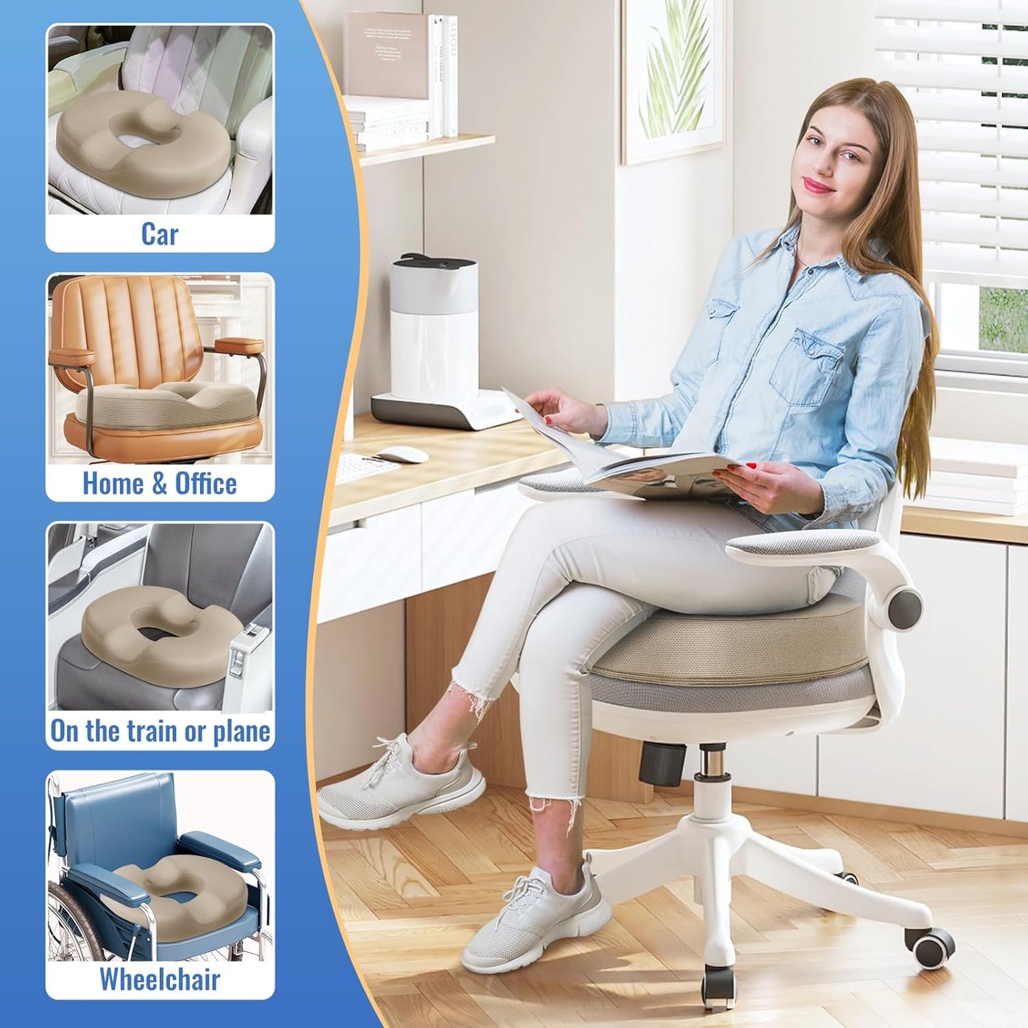 CloudBliss Donut Pillow Seat Cushion Chair Pad for Tailbone Pain Relief and Hemorrhoids, Memory Foam Seat Chair Cushion for Men and Women for Home & Office, (Khaki)