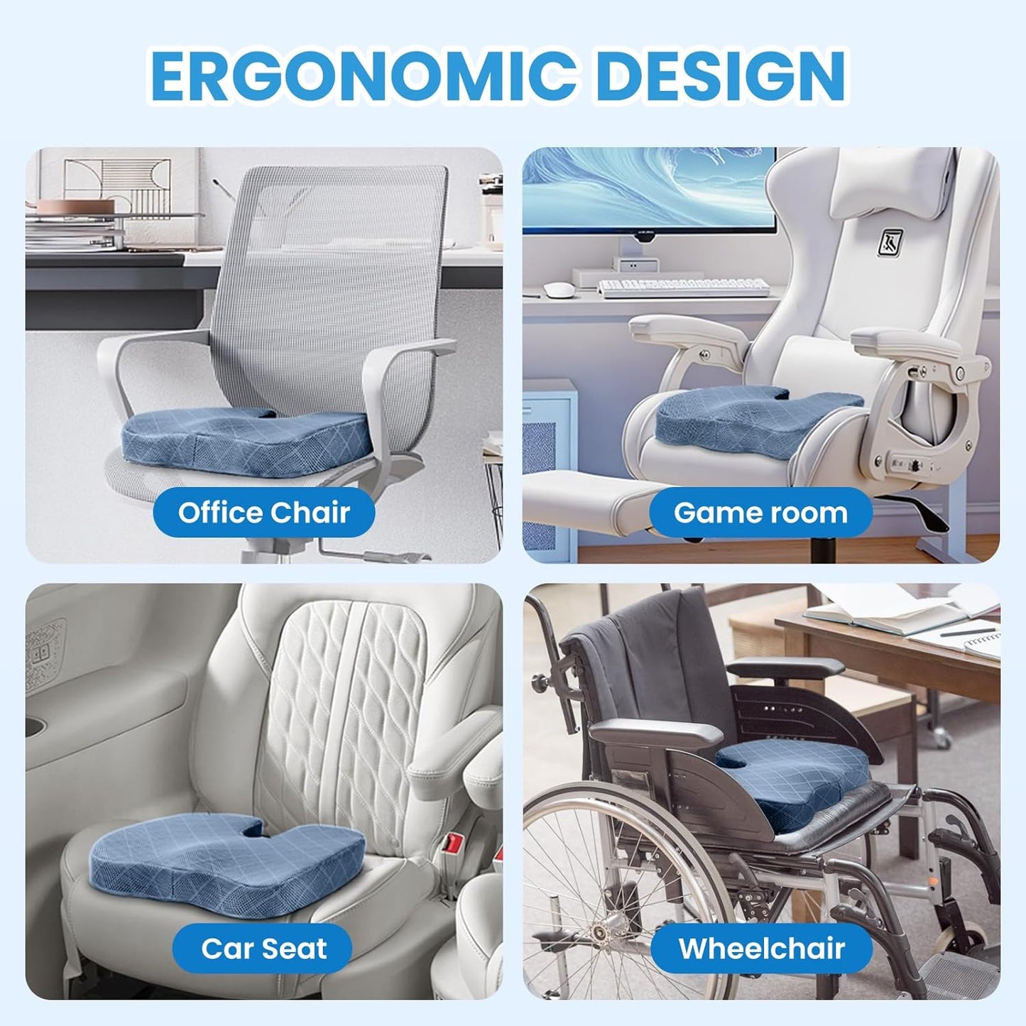 TushGuard Office/Car Seat Cushion, Non-Slip Sciatica & Back Coccyx Tailbone Pain Relief Chair Pad, Memory Foam Butt Pillow for Computer Desk, Wheelchair, Driving (Light Blue, XX-Large)