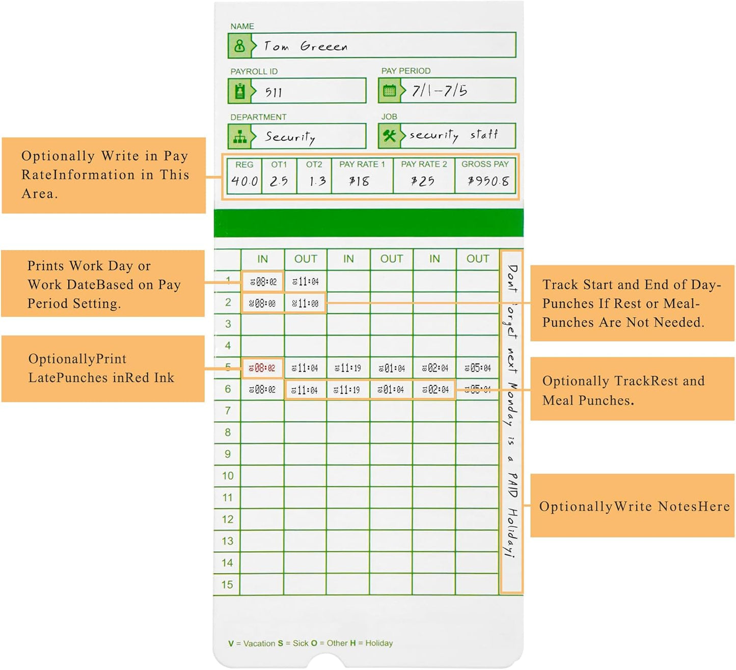 Zzrywuty All Pay Periods, 100 Count Time Cards for Hn3000, 2-Sided, 3 3/8" x 7 3/8", Green