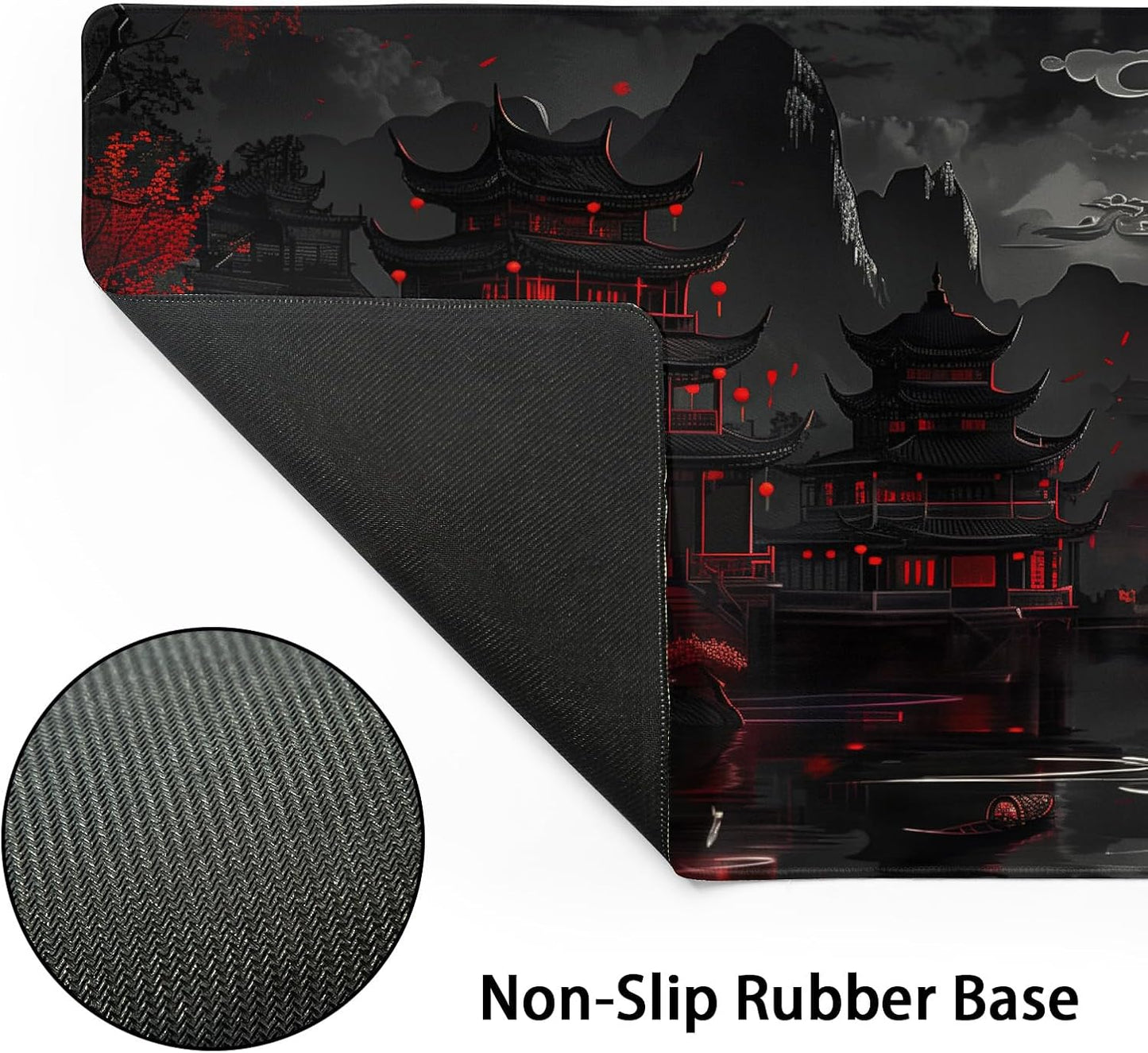 Full Moon Night Gaming Mouse Pad XXL Black Red Mountain Japanese Extended Large Mat Mousepad Desk Pad Non-Slip Rubber Base Stitched Edge Keyboard Pad Playmat for Computer,35.4×15.7 Inch