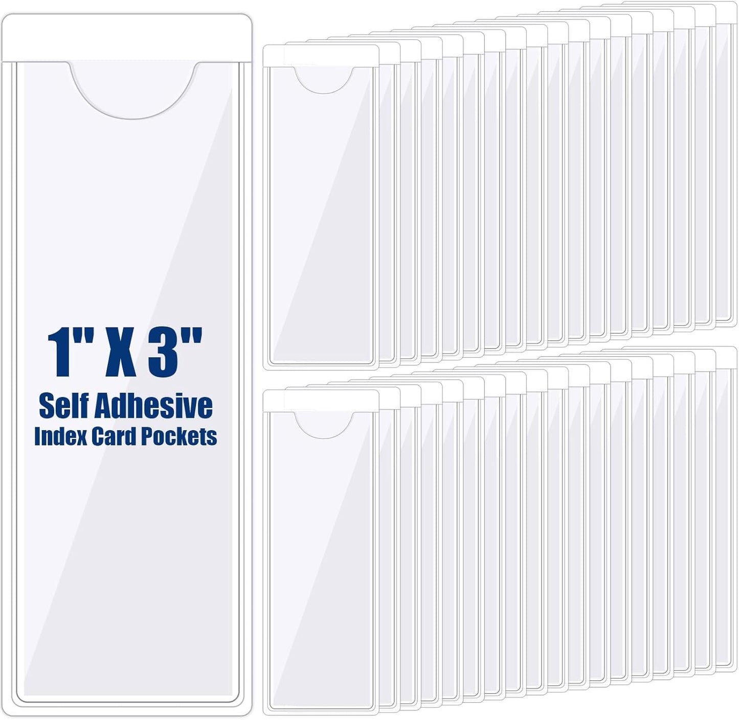 Chinco 50 Pack Clear Adhesive Pockets, Labels for Storage Bins, Plastic Self Adhesive Index Card Holder with Top Open for Organizing Bins Box Drawer(1.2 x 3.35 Inches)