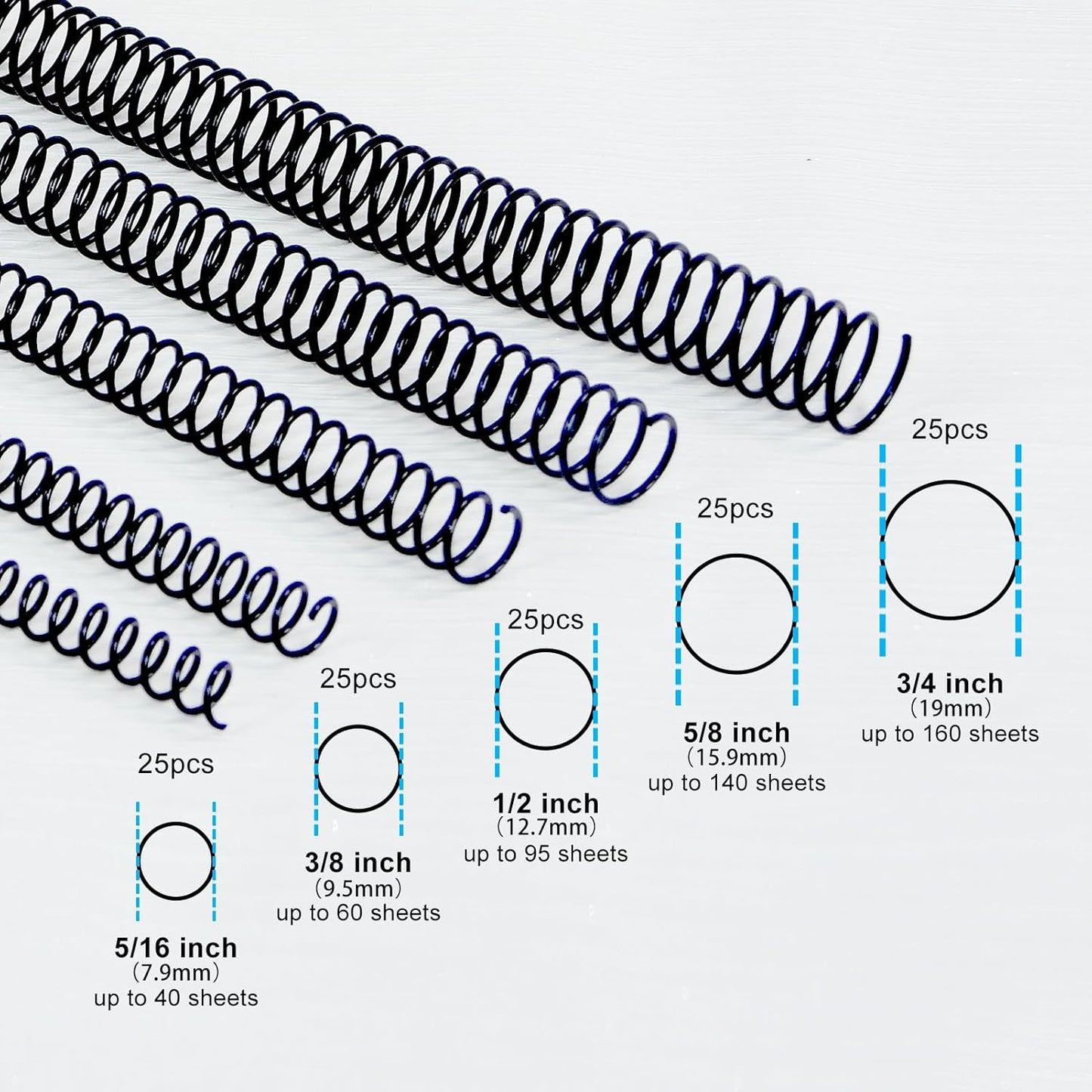 Rayson Plastic Spiral Binding Coil, Assorted Sizes (5/16", 3/8", 1/2", 5/8", 3/4") 3:1 Pitch, Black, Pack of 125 – Ideal for Business and Education