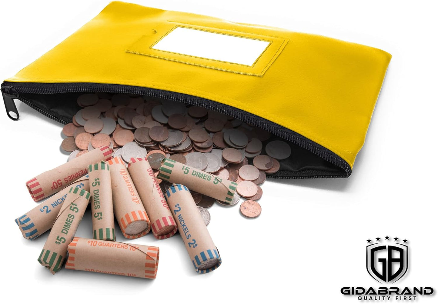 Money Bank Deposit Bag with Zipper | 11x6 inch | Yellow | Durable Leatherette Money Cash Coin Check Wallet Pouch for Men & Women with Framed ID Window and Blank Card | by GIDABRAND (3)