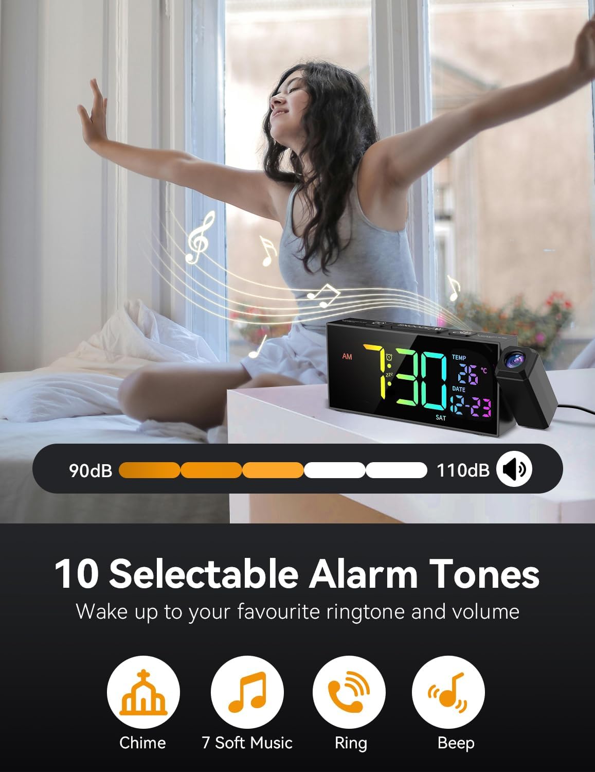 Netzu Projection Clock for Bedroom Ceiling, Alarm Clocks with 180° Rotatable Projector, Date Temperature and Weekday, Manual DST, 5 Brightness, 10 Ringtones, 4 Volumes and Snooze (RGB)