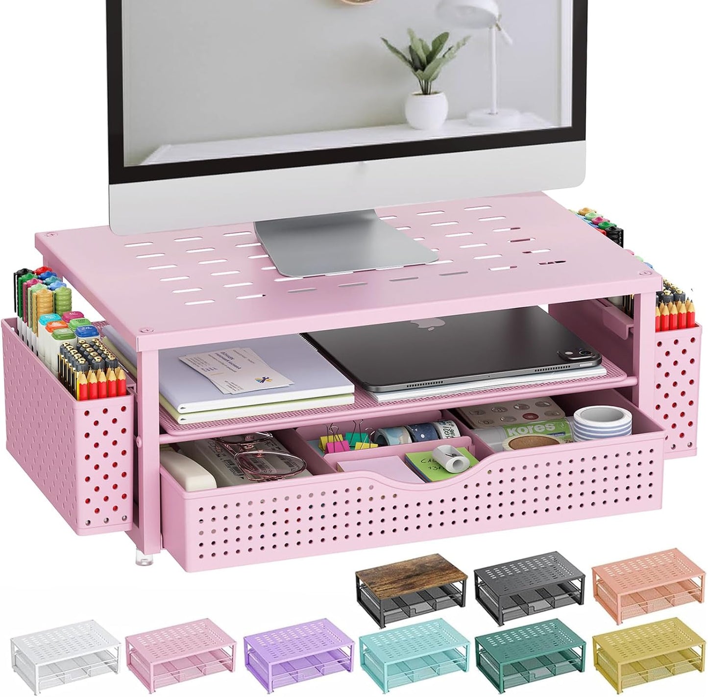 gianotter Desk Organizers and Accessories, Monitor Stand with Drawer and 2 Pen Holder, Desktop Organizer Suitable for Offices and Dormitories (Pink)