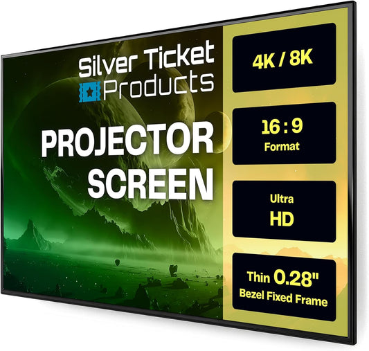 Silver Ticket Products S7 Series 6 Piece Thin Bezel Home Theater Fixed Frame 4K/8K Ultra HD, HDTV, HDR & Active 3D Projection Screen, 16:9 Format, 142" Diagonal, White Material S7-169142