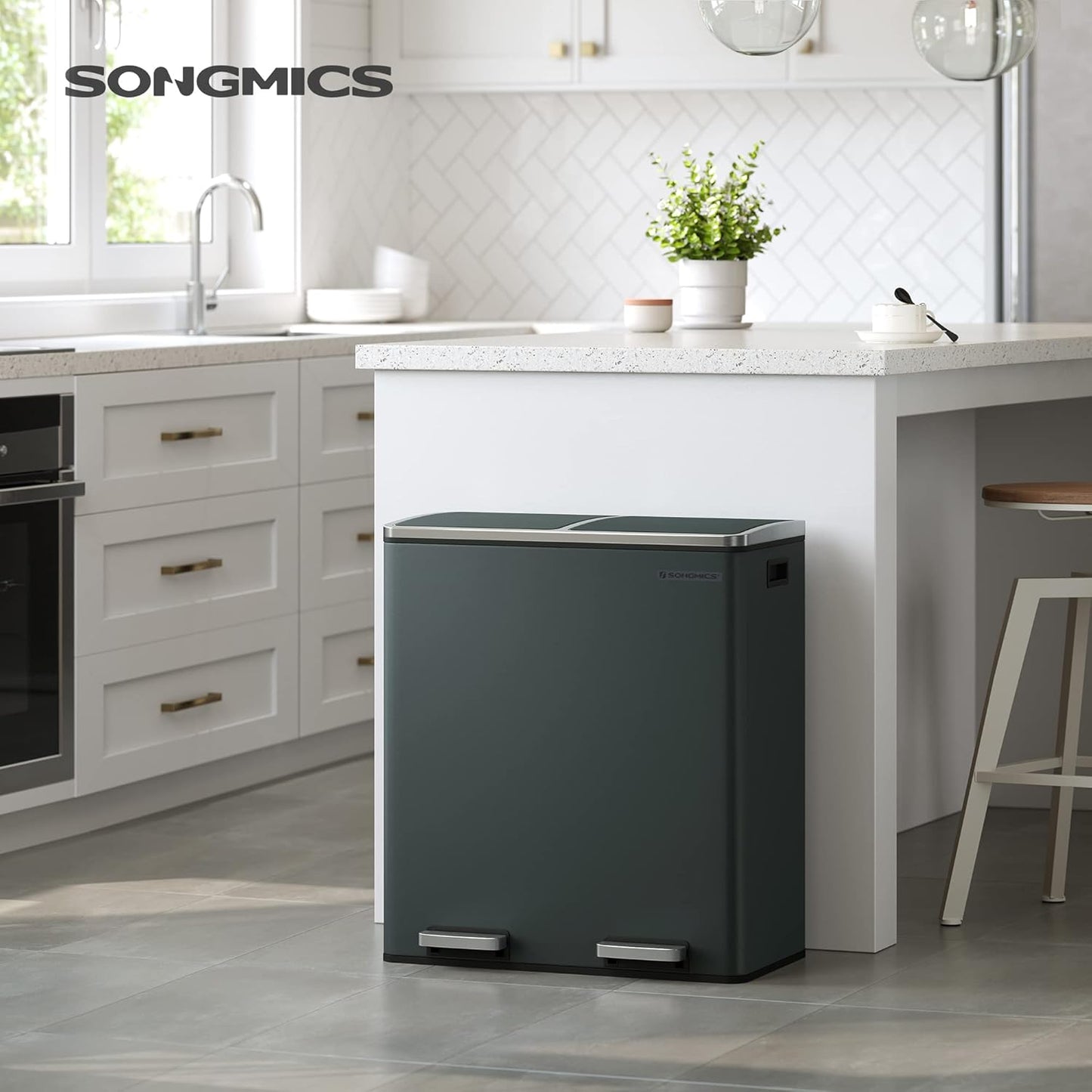 SONGMICS Trash Can, 2 x 8 Gallon (2 x 30 L) Garbage Can for Kitchen, with 15 Trash Bags, 2 Compartments, Plastic Inner Buckets and Hinged Lids, Airtight, Greenish-Gray ULTB60GS02