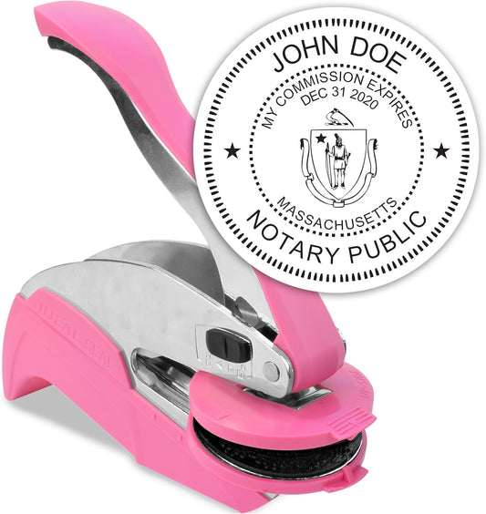 MaxMark Notary Seal Round Pink Embosser for Massachusetts State - Includes Gold Burst Seal Labels (50 Count)