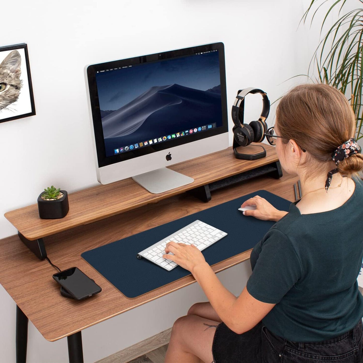 Desk Mat Large Protector Pad For Home, Office - Smooth Surface Soft Multifunctional Dual-Sided Desk Mouse Pad For Desktop, Waterproof, PU Leather (Dark Blue, 23.6" x 13.7")