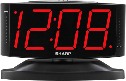 Sharp Home LED Digital Alarm Clock – Swivel Base - Outlet Powered, Simple Operation, Alarm, Snooze, Brightness Dimmer, Big Green Digit Display, (Midnight Black -Red LED)
