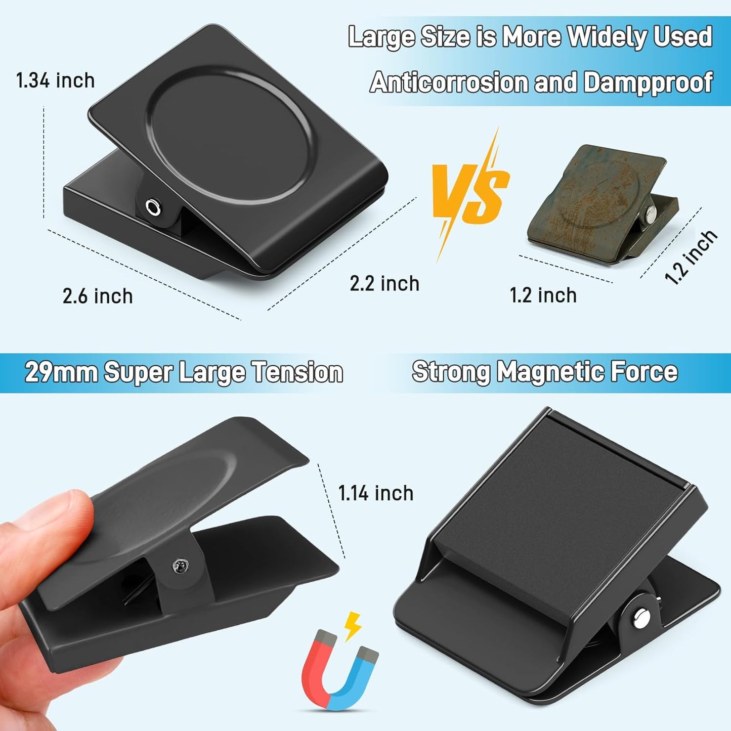 FINDMAG Extra Large Heavy Duty Magnetic Clips - 2.2 Inch, Lock Accessories, School Supplies, Strong for Classroom, Refrigerator, Whiteboard, Office (Black, 4 Pack)