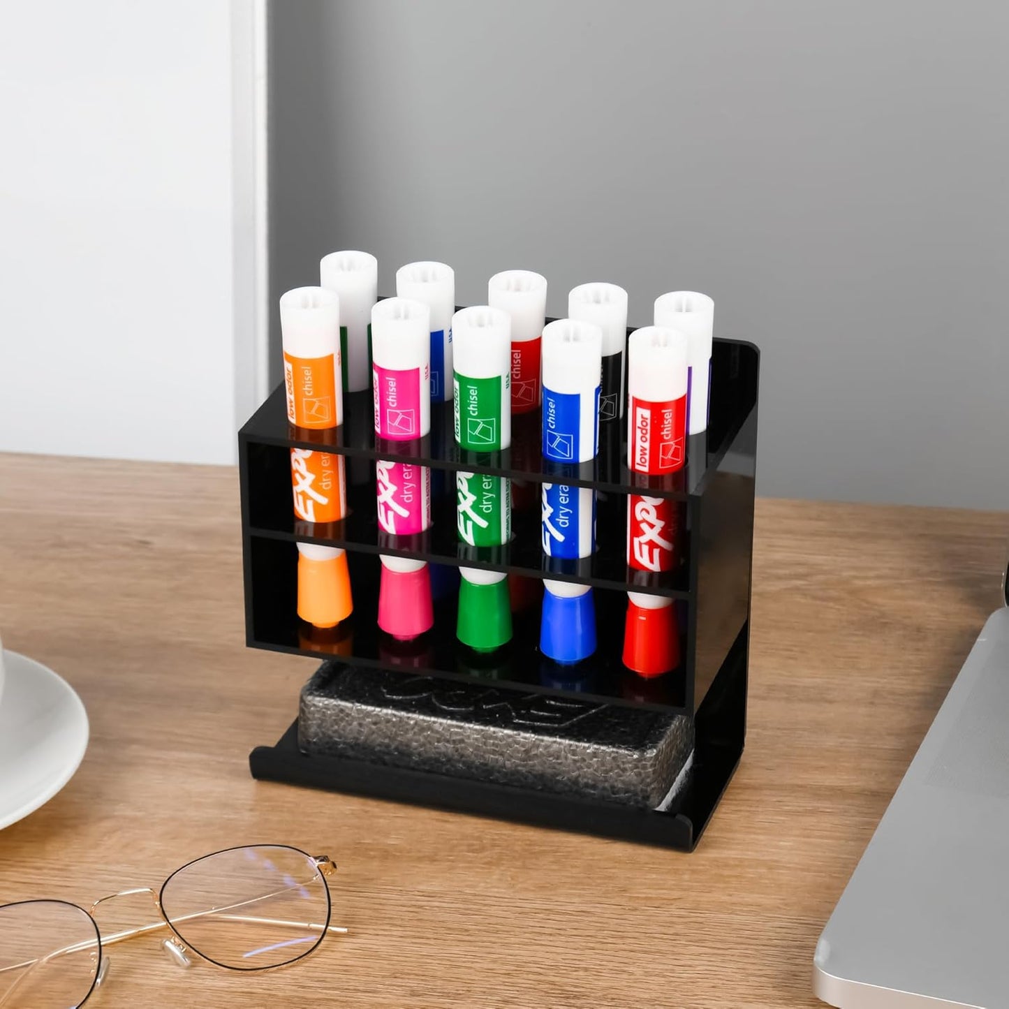 Dry Erase Marker Holder, 2 PCS Wall Mounted Acrylic Marker Holder with 10 Slots, Sticky Pen Storage for Classroom Organization, Whiteboard, Office, Black