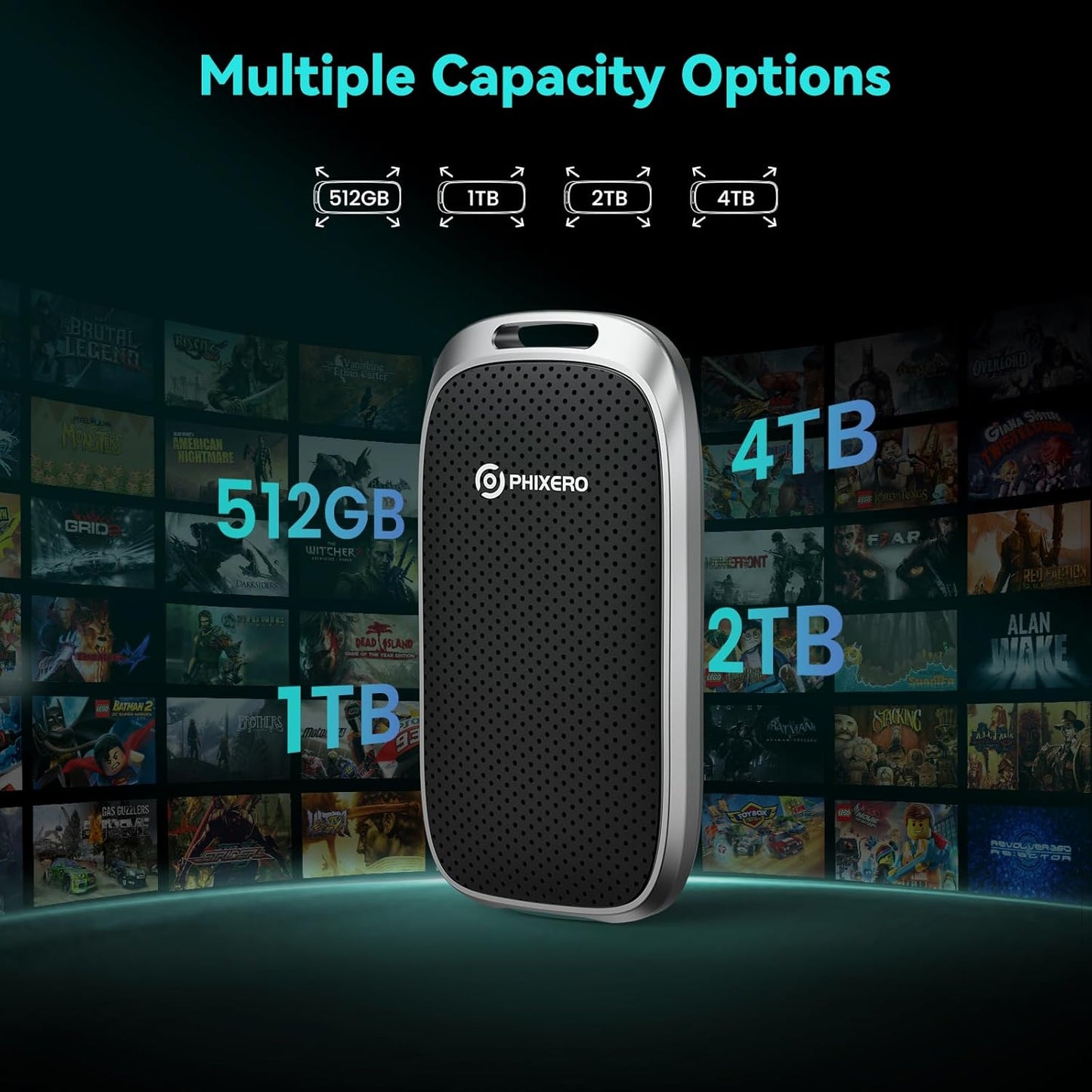 PHIXERO P5 1TB External Portable SSD - 5Gbps External Hard Drive with 2-in-1 USB C to C & USB C to A Cable for PC, Mac, PS5, Xbox | Anti-Shock, Compact Design with Lanyard Hole,Black