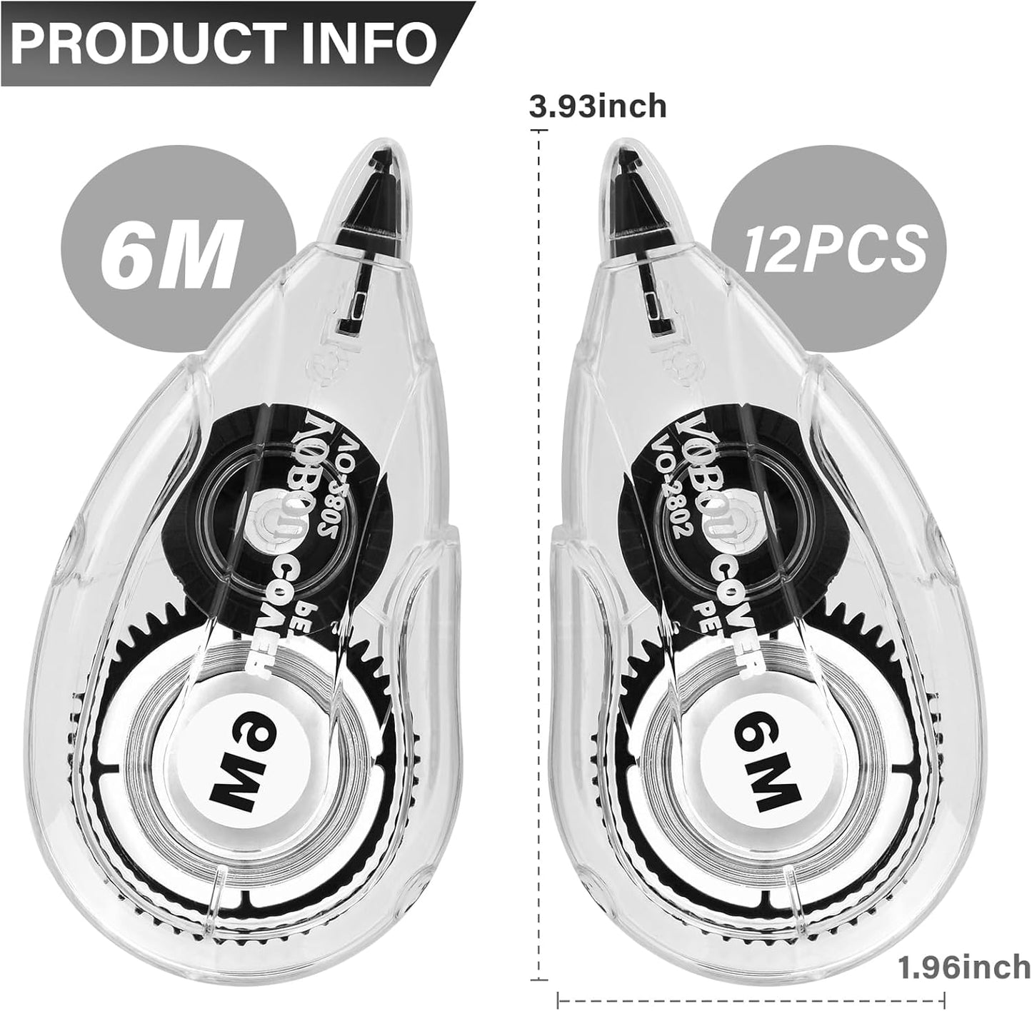 Correction Tape Dispenser, Easy To Use Applicator for Instant Corrections, For school, Office (White, 12pack, 6M/256, Tape Width 0.2in)