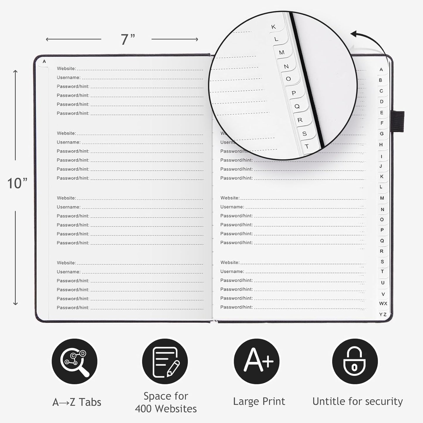 JUBTIC Password Book with Individual Alphabetical Tabs, 7"x10" Internet Password Keeper Book for Seniors, Password Notebook and Organizer/Notes Section, Black