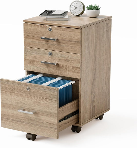 VINGLI 3-Drawer File Cabinet with Lock, Wood Rolling Filing Cabinets for Home Office, Mobile Printer Stand, Under Desk File Organizer for Letter Sized Files, 26" H(Caster Included), Oak