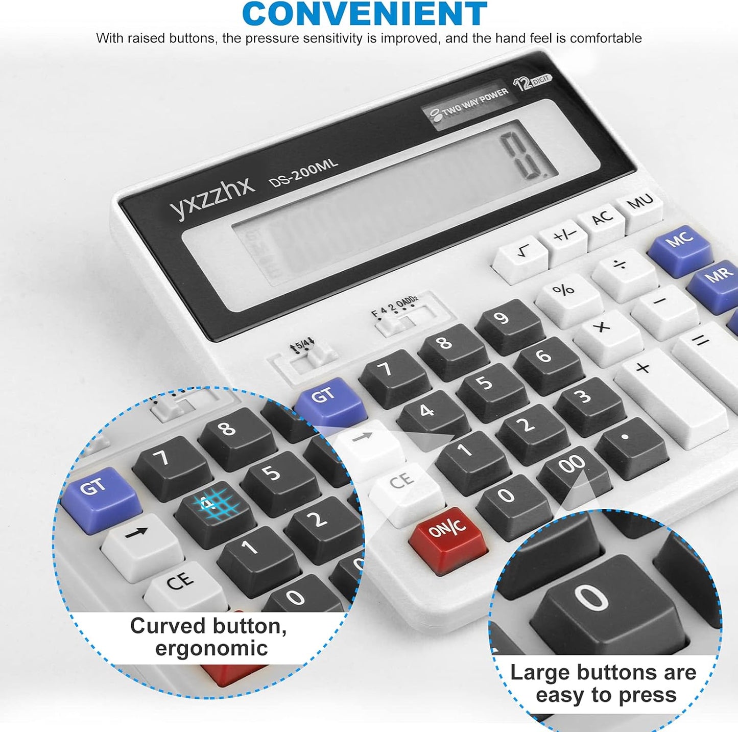 Desk Calculator 12 Digit Extra Large 4.3-Inch LCD Display, Two Way Power Battery and Solar Calculators Desktop, Big Buttons Easy to Press Used as Office Calculators for Desk White
