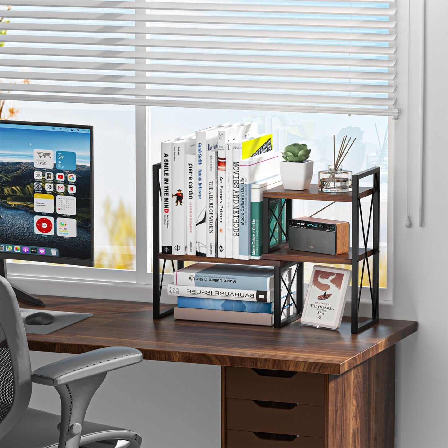 Desktop Shelf Organizer,Small Bookshelf for Office,Wood Desk Top Shelves, Office Organization and Storage (Brown)