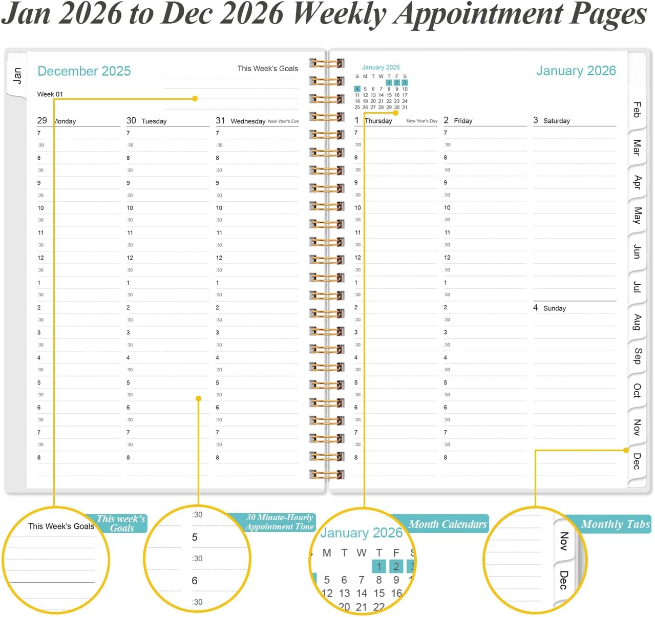 2026 Appointment Book & Planner - 2026 Daily Hourly Planner from January 2026 - December 2026, Weekly Appointment Book with 30-Minute Interval, Medium 6.4" x 8.5", Flower-A