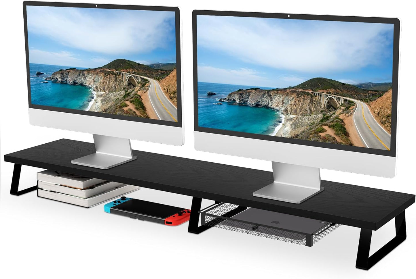 Aothia Large Dual Monitor Stand Riser - Monitor Stand For 2 Monitors, Monitor Stand With Drawer,Desk Shelf For Monitor, Wood Monitor Riser Stand with Storage Organize For Pc,Tv,Laptop,Screen (Black)